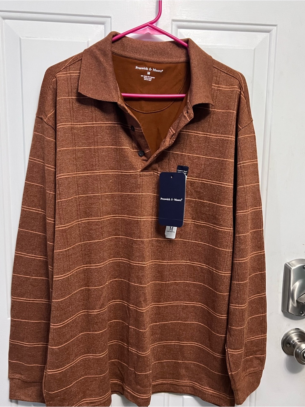 Preswick & Moore Window Pane Polo Men’s M Long Sleeve Brown Ginger Plaid NWT